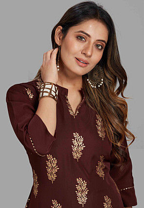 Foil Printed Cotton Silk Straight Kurta Set in Brown