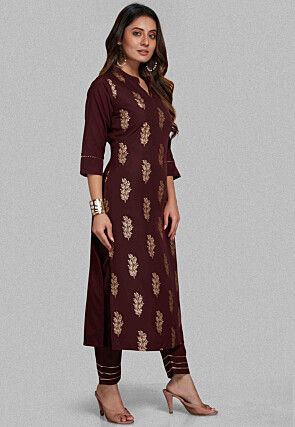 Foil Printed Cotton Silk Straight Kurta Set in Brown