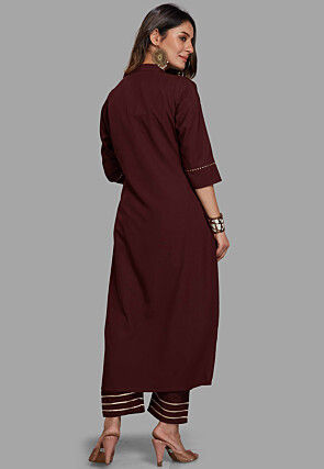 Foil Printed Cotton Silk Straight Kurta Set in Brown