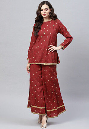 Foil Printed Cotton Silk Tunic Set in Red