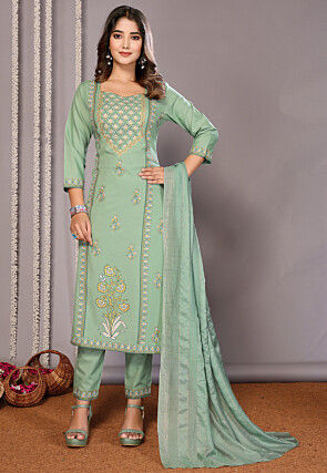 Foil Printed Cotton Slub Pakistani Suit in Green