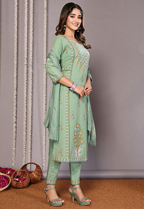 Foil Printed Cotton Slub Pakistani Suit in Green