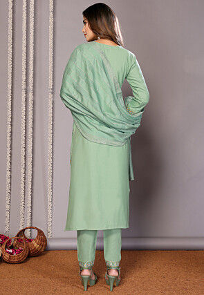 Foil Printed Cotton Slub Pakistani Suit in Green