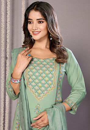 Foil Printed Cotton Slub Pakistani Suit in Green