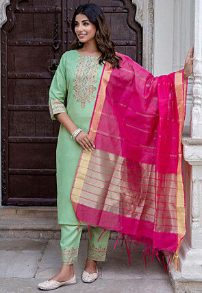 Foil Printed Cotton Slub Pakistani Suit in Light Green