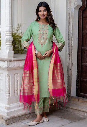 Foil Printed Cotton Slub Pakistani Suit in Light Green