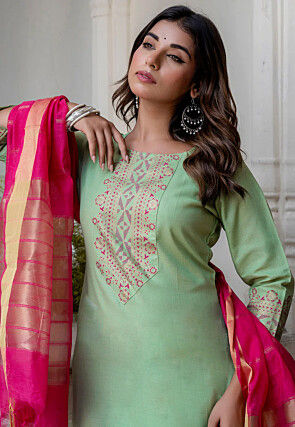 Foil Printed Cotton Slub Pakistani Suit in Light Green