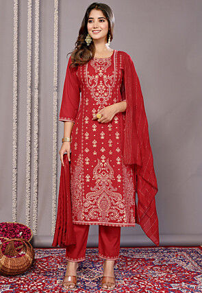 Foil Printed Cotton Slub Pakistani Suit in Red