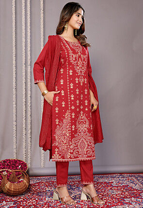 Foil Printed Cotton Slub Pakistani Suit in Red