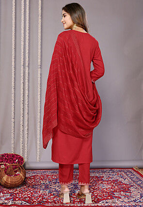 Foil Printed Cotton Slub Pakistani Suit in Red