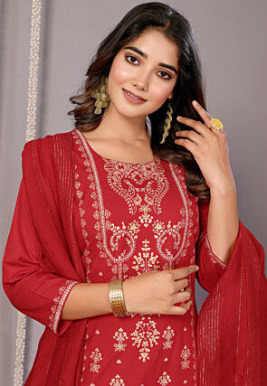 Foil Printed Cotton Slub Pakistani Suit in Red