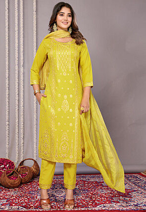 Foil Printed Cotton Slub Pakistani Suit in Yellow