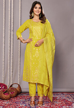 Foil Printed Cotton Slub Pakistani Suit in Yellow