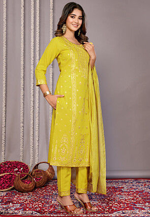 Foil Printed Cotton Slub Pakistani Suit in Yellow