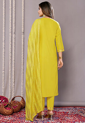 Foil Printed Cotton Slub Pakistani Suit in Yellow