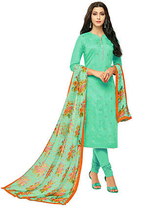 Foil Printed Cotton Straight Suit in Light Teal Green