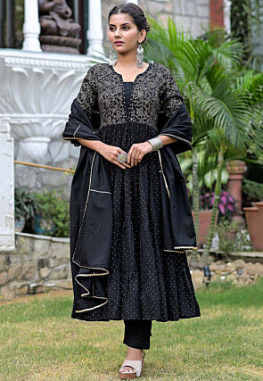 Foil Printed Cotton Tiered Anarkali Suit in Black