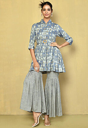 Foil Printed Cotton Tunic Set in Grey and Blue