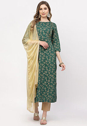 Foil Printed Cotton Viscose Pakistani Suit in Teal Green