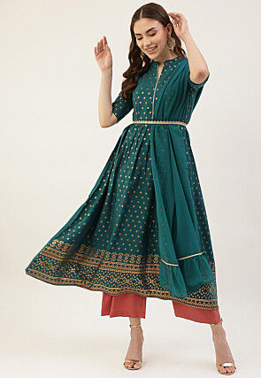 Foil Printed Crepe A Line Kurta in Teal Green