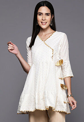Foil Printed Crepe Aline Kurti in Off White
