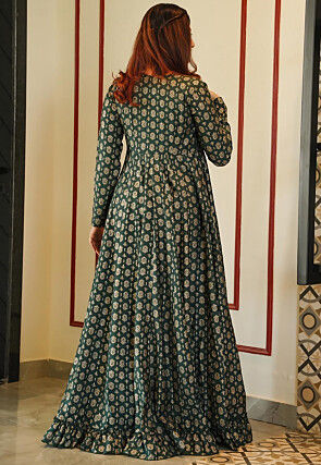 Digital Printed Crepe Crop Top with Jacket in Dark Green