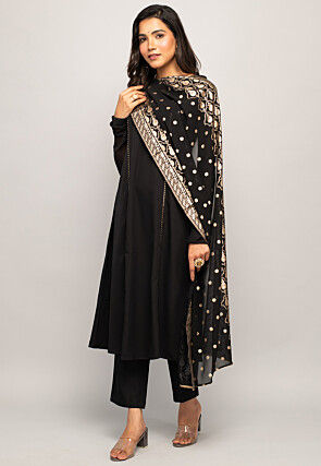 Foil Printed Crepe Pakistani Suit in Black