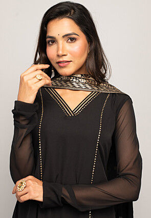 Foil Printed Crepe Pakistani Suit in Black