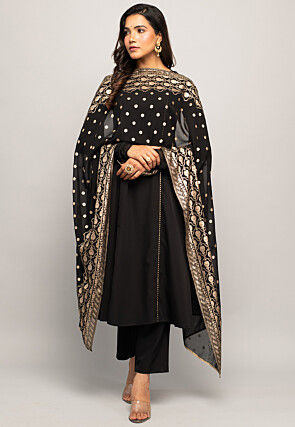 Foil Printed Crepe Pakistani Suit in Black