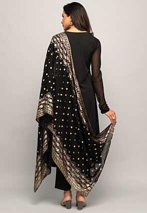 Foil Printed Crepe Pakistani Suit in Black