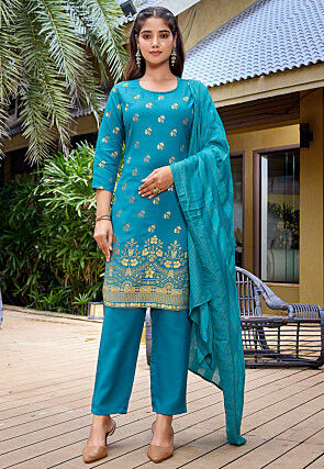 Foil Printed Crepe Pakistani Suit in Blue