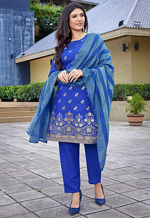 Foil Printed Crepe Pakistani Suit in Blue