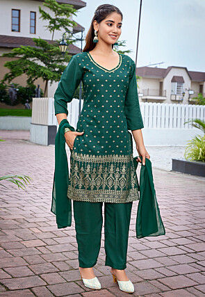 Foil Printed Crepe Pakistani Suit in Dark Green