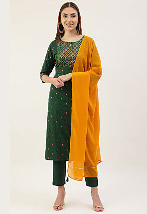 Foil Printed Crepe Pakistani Suit in Green