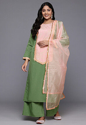 Foil Printed Crepe Pakistani Suit in Green