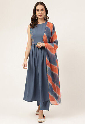 Foil Printed Crepe Pakistani Suit in Grey