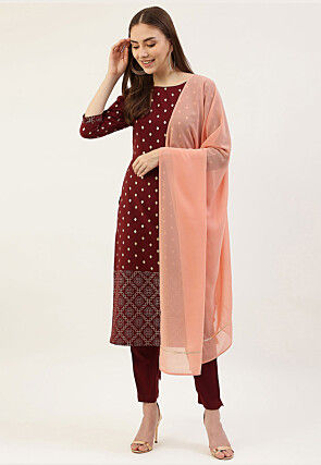 Foil Printed Crepe Pakistani Suit in Maroon