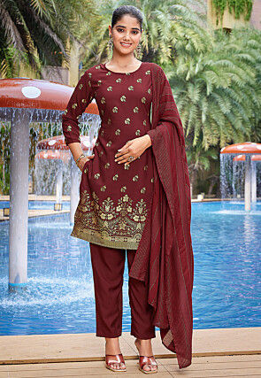 Foil Printed Crepe Pakistani Suit in Maroon