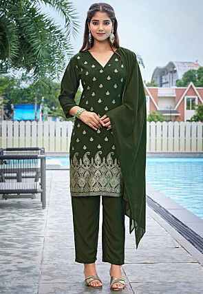 Foil Printed Crepe Pakistani Suit in Olive Green