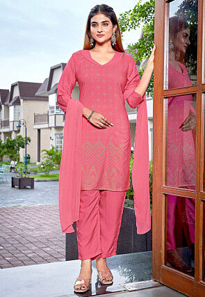 Foil Printed Crepe Pakistani Suit in Pink