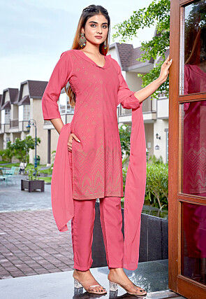 Foil Printed Crepe Pakistani Suit in Pink