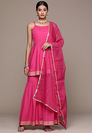 Foil Printed Crepe Pakistani Suit in Pink