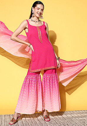 Foil Printed Crepe Pakistani Suit in Pink