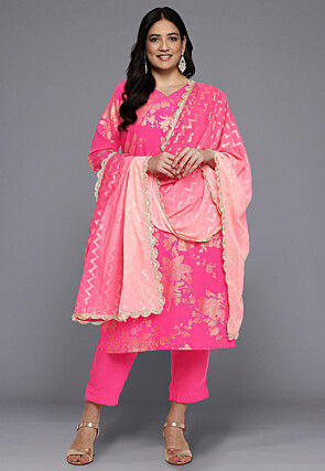 Foil Printed Crepe Pakistani Suit in Pink