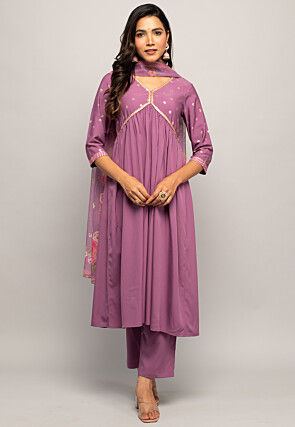 Foil Printed Crepe Pakistani Suit in Purple