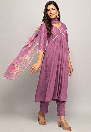 Foil Printed Crepe Pakistani Suit in Purple