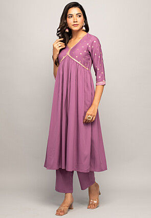 Foil Printed Crepe Pakistani Suit in Purple