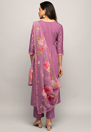 Foil Printed Crepe Pakistani Suit in Purple