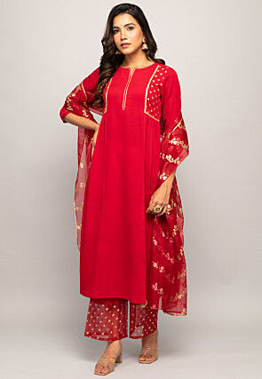 Foil Printed Crepe Pakistani Suit in Red