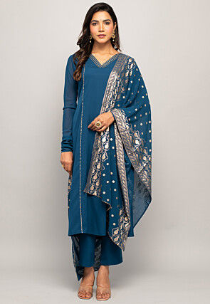 Foil Printed Crepe Pakistani Suit in Teal Blue